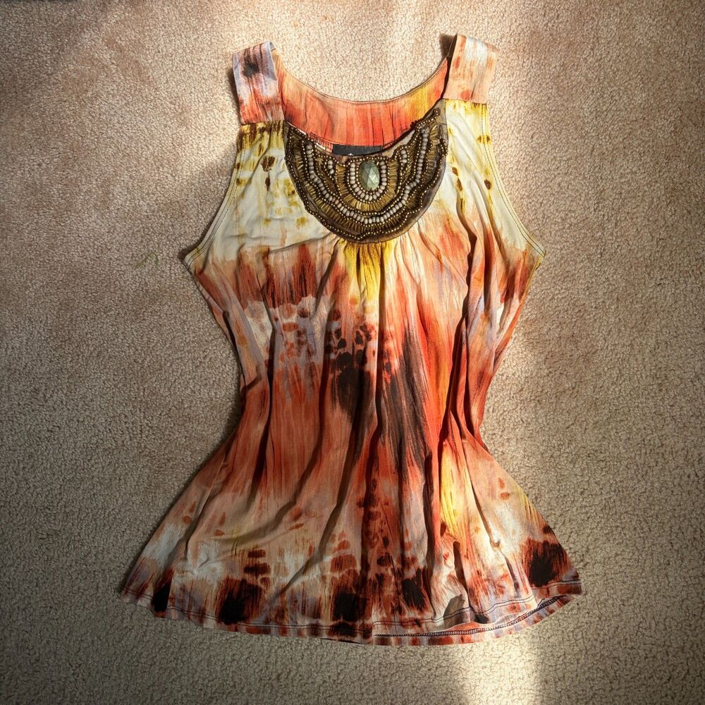 y2k vintage boho earthy abstract tie dye beaded tank top 🤎🖤